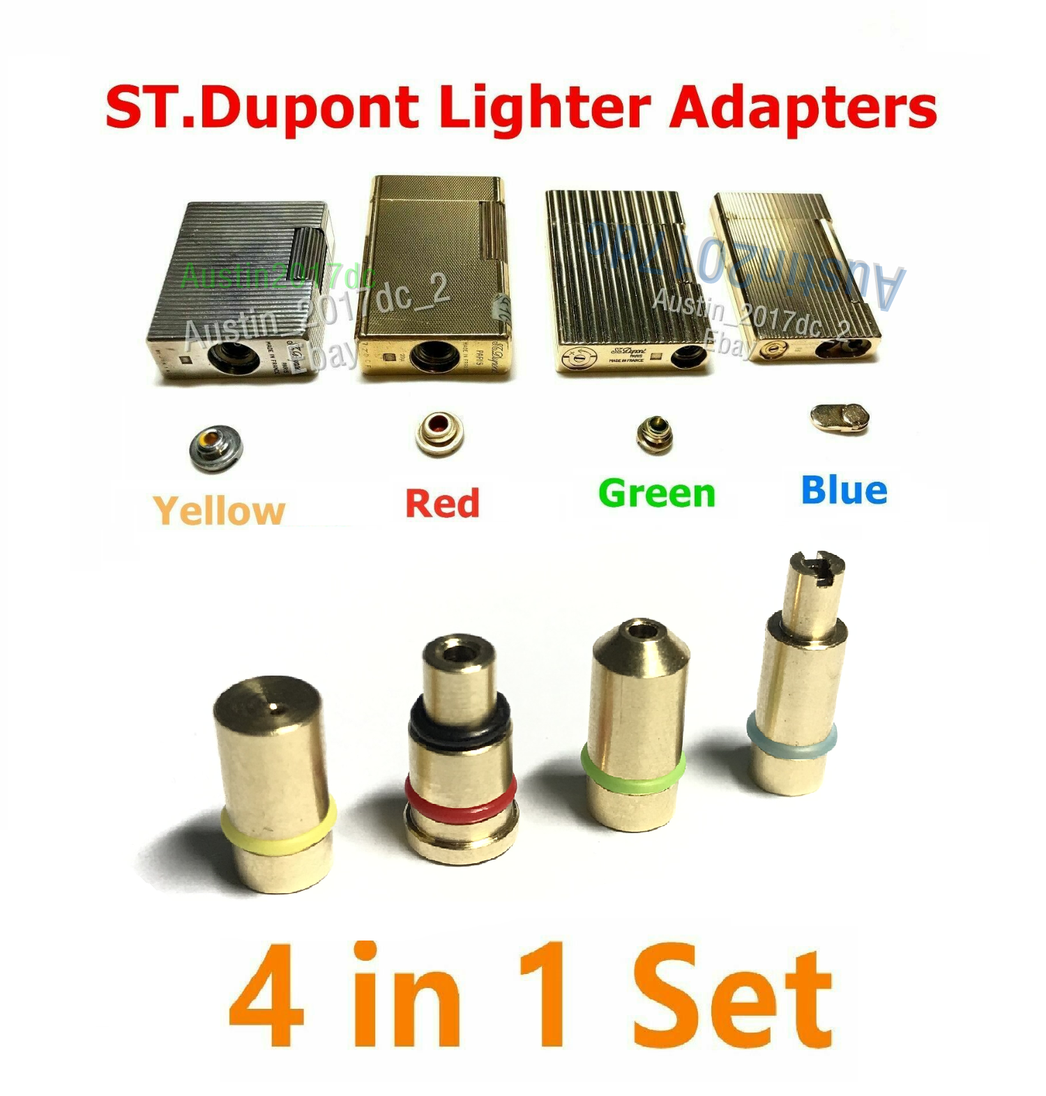 Dupont Lighter Gas Refill Adapters 4 In 1 Set Yellow/red/green/blue Caps